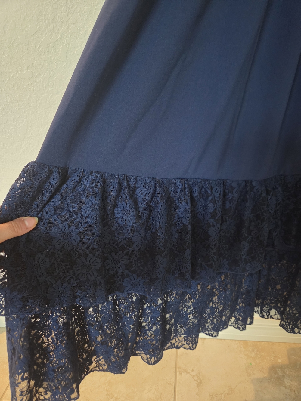 Girls XL Navy Blue Lace Overlay Dress Long Sleeve Tiered Ruffle Hem Whimsigoth - Picture 7 of 16